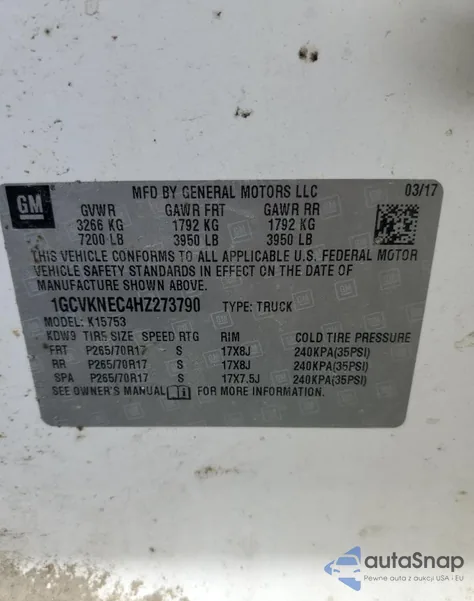 2017 Chevrolet Silverado K1500 from USA, damaged, VIN 1GCVKNEC4HZ273790